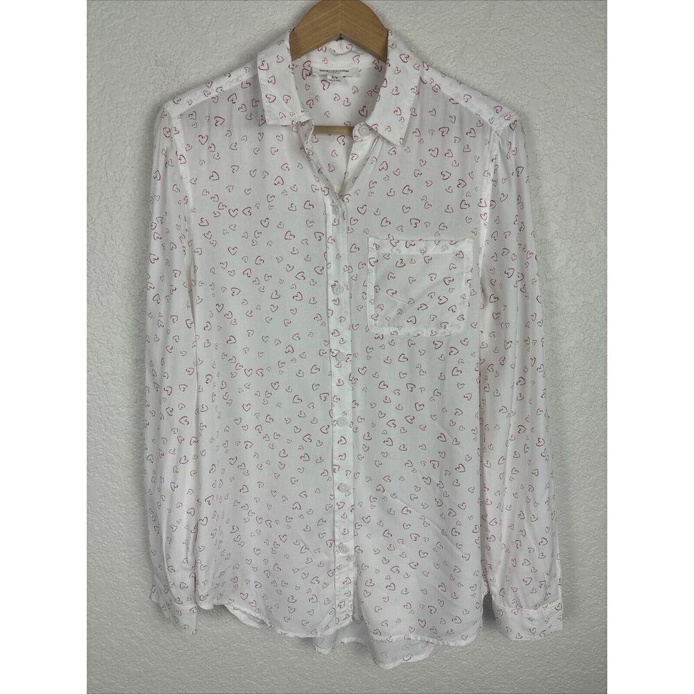 Beach Lunch Lounge Womens Button‎ Up Top Small White Red Hearts Valentines Date